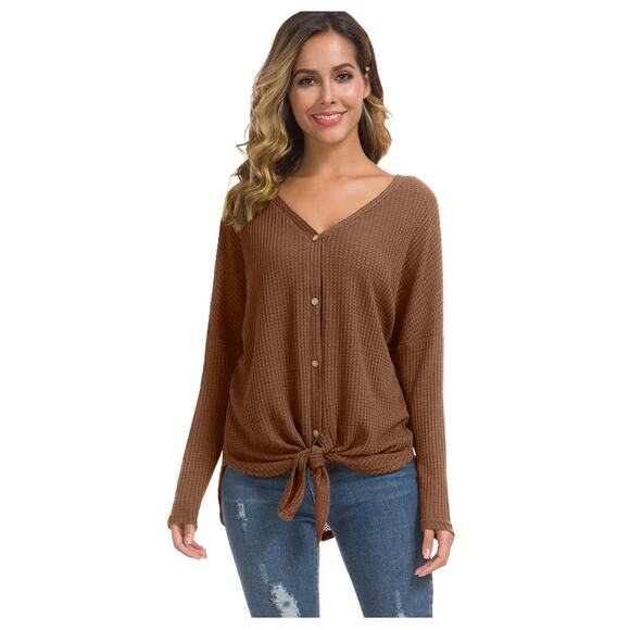 Women's Waffle Knit Tunic Blouse Tie Knot Henley Top Loose Fitting Shirt SM - Picture 2 of 4
